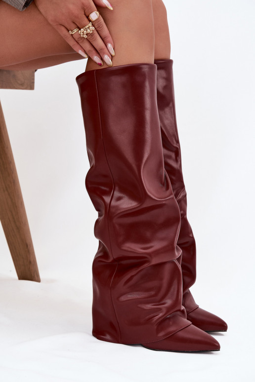 Wärmende Damenstiefel mit eingearbeitetem Schaft und Absatz, burgunderfarbene Farbe, Elivira Wärmende Damenstiefel mit eingearbeitetem Schaft und Absatz, burgunderfarbene Farbe, Elivira