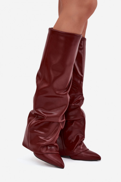 Wärmende Damenstiefel mit eingearbeitetem Schaft und Absatz, burgunderfarbene Farbe, Elivira Wärmende Damenstiefel mit eingearbeitetem Schaft und Absatz, burgunderfarbene Farbe, Elivira