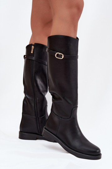 Damenstiefel mit breiten Absätzen, Riemen und goldenen Schnallen, schwarze Farbe, Sylvena