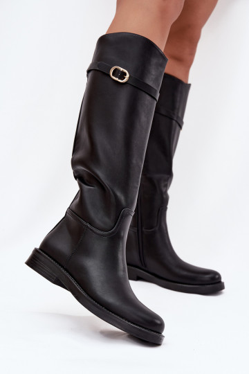 Damenstiefel mit breiten Absätzen, Riemen und goldenen Schnallen, schwarze Farbe, Sylvena 2