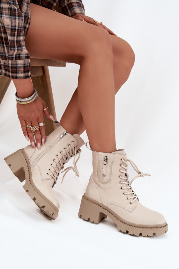 Vinceza 86418 sandfarbene warme Leder-Stiefeletten für Damen mit Absatz