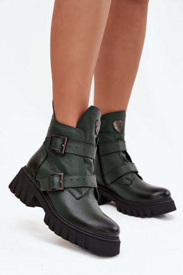Gefütterte Lederstiefeletten für Damen mit Schnallen und schönen Details, Zazoo 60482, khakifarben 2