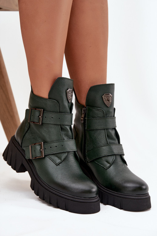 Gefütterte Lederstiefeletten für Damen mit Schnallen und schönen Details, Zazoo 60482, khakifarben Gefütterte Lederstiefeletten für Damen mit Schnallen und schönen Details, Zazoo 60482, khakifarben