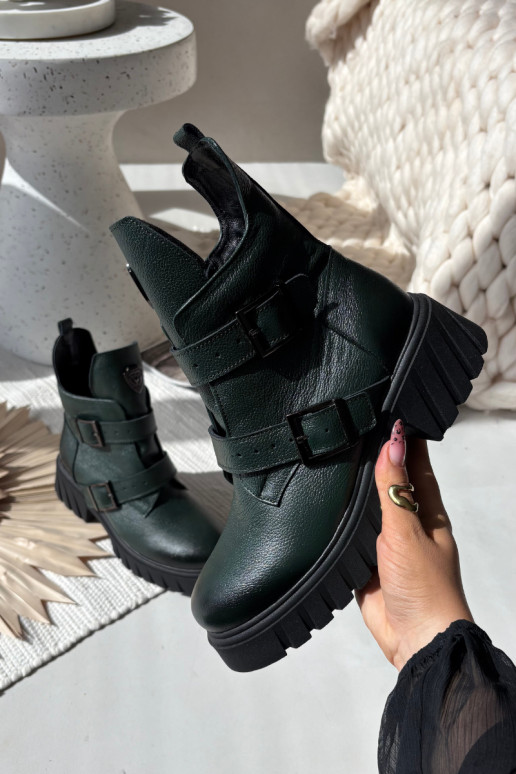 Gefütterte Lederstiefeletten für Damen mit Schnallen und schönen Details, Zazoo 60482, khakifarben Gefütterte Lederstiefeletten für Damen mit Schnallen und schönen Details, Zazoo 60482, khakifarben