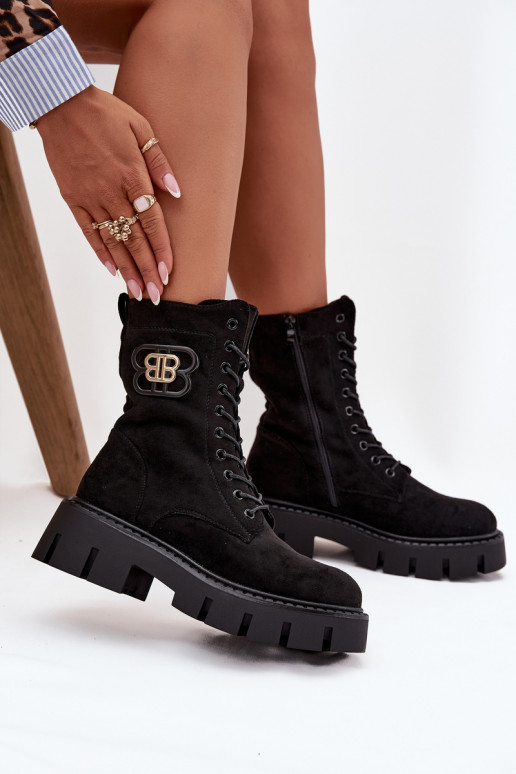 Warm gefütterte Damenstiefeletten und Noker mit Ornamenten in schwarz Melisse