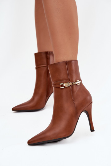 Braune gefütterte Damen-Stiefeletten mit dünnen Absätzen, Riemen und goldenen Elementen „Bellisse" 2