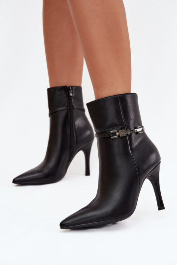 Schwarze gefütterte Damen-Stiefeletten mit dünnen Absätzen, Riemen und silbernen Elementen „Bellisse" 2