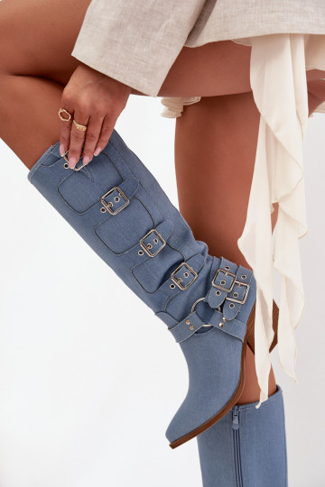 Kauboi-Stil Stiefel mit Absätzen und Schnallen aus Jeansmaterial, Fivelle