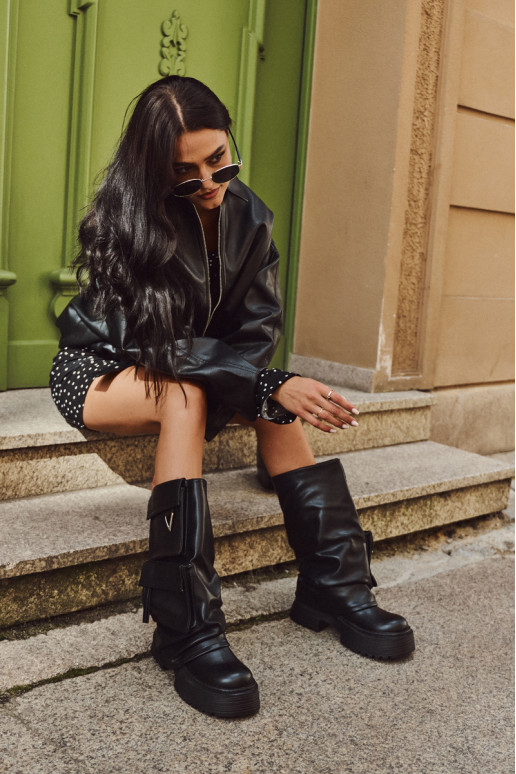 sich Zuarm laufen Ein überzeugendes Stilvollll Damenstiefel mit einer Plattform mit einer Tasche schZuarze Farbe Clarinda