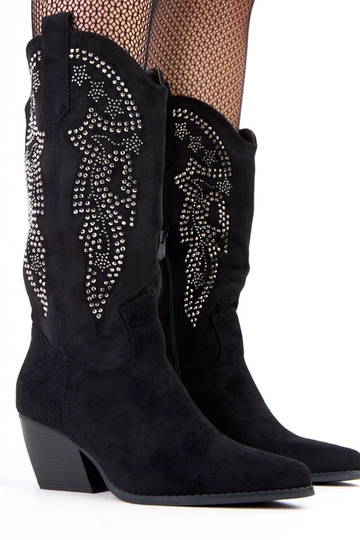 Schwarze Cowboy-Stiefel mit niedrigem Absatz und Strass "Masura"