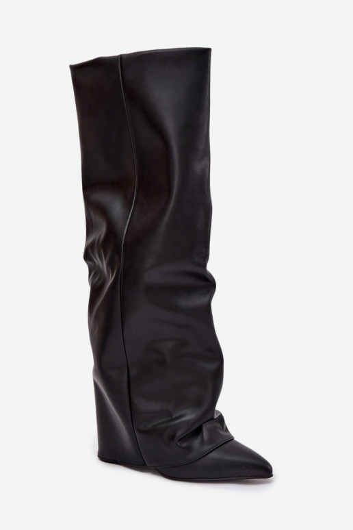 Wärmende Damenstiefel mit eingearbeitetem Schaft und Absatz, schwarze Farbe, Elivira Wärmende Damenstiefel mit eingearbeitetem Schaft und Absatz, schwarze Farbe, Elivira