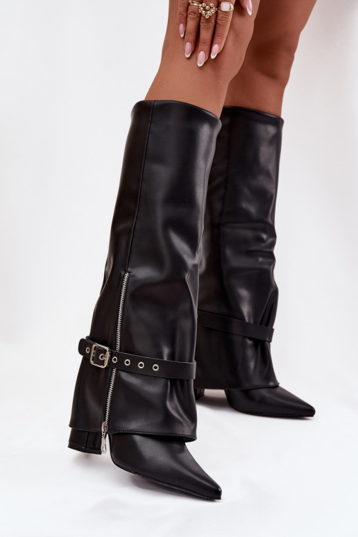 Damenstiefel, schlupfbares Modell mit Absatz und dekorierten Absätzen aus schwarzem Eko-Leder Jolivine