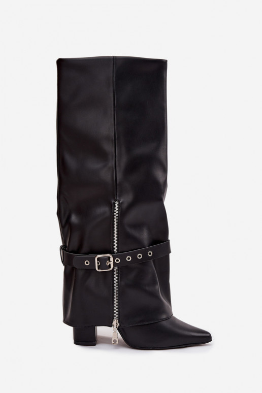 Damenstiefel, schlupfbares Modell mit Absatz und dekorierten Absätzen aus schwarzem Eko-Leder Jolivine