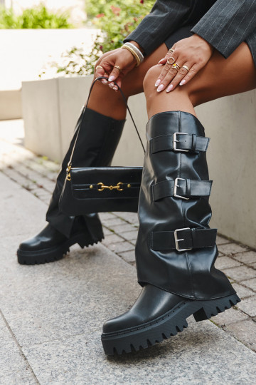 Warmes Damenstiefel mit silberfarbenen Schnallen in Schwarz "Isavine"