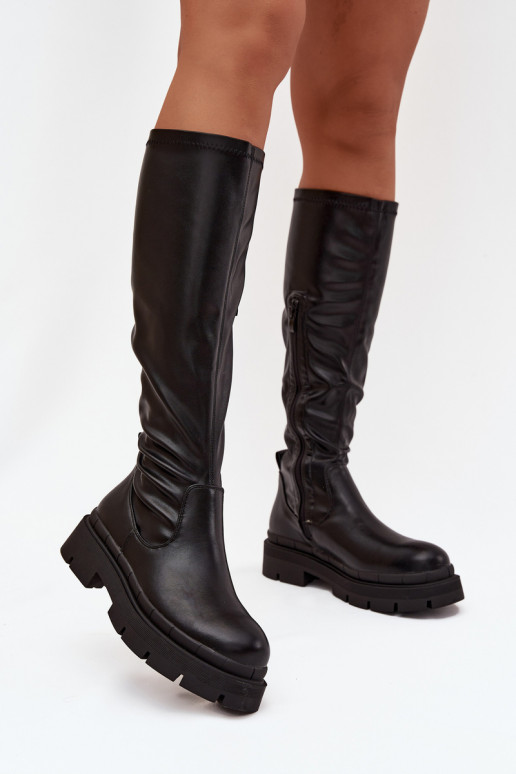 Damen-Stiefel mit Plattform aus schwarzem Eko-Leder Turirivelle Damen-Stiefel mit Plattform aus schwarzem Eko-Leder Turirivelle