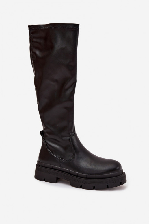 Damen-Stiefel mit Plattform aus schwarzem Eko-Leder Turirivelle Damen-Stiefel mit Plattform aus schwarzem Eko-Leder Turirivelle