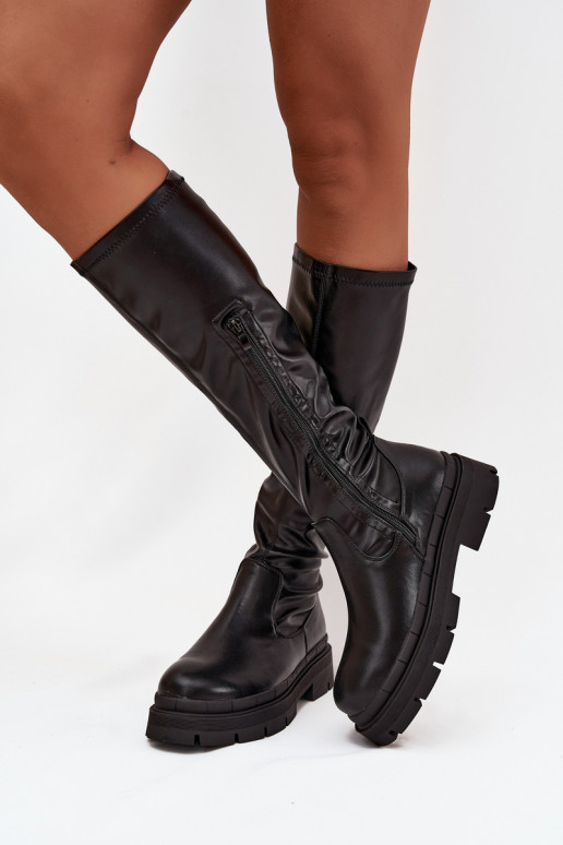 Damen-Stiefel mit Plattform aus schwarzem Eko-Leder Turirivelle Damen-Stiefel mit Plattform aus schwarzem Eko-Leder Turirivelle
