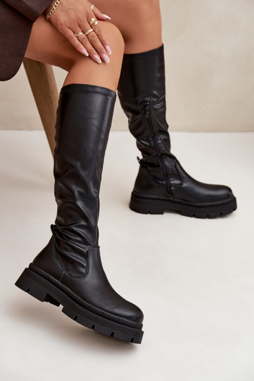 Damen-Stiefel mit Plattform aus schwarzem Eko-Leder Turirivelle Damen-Stiefel mit Plattform aus schwarzem Eko-Leder Turirivelle