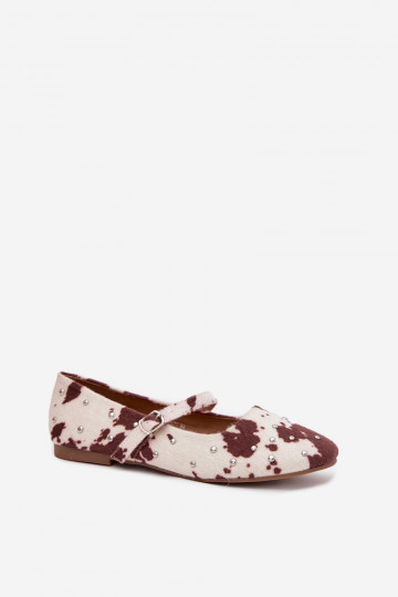 Dekorierte Damen Ballerinas mit Riemchen und Mustern in weiß-braun Olivisse