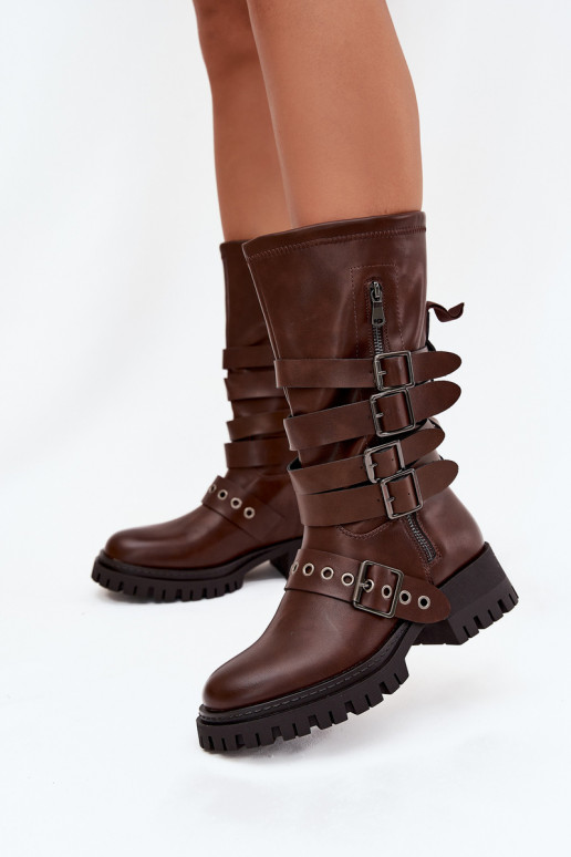 Braune gefütterte Damen-Kniehohe Stiefel mit Riemen und Schnallen „Ivaline" Braune gefütterte Damen-Kniehohe Stiefel mit Riemen und Schnallen „Ivaline"