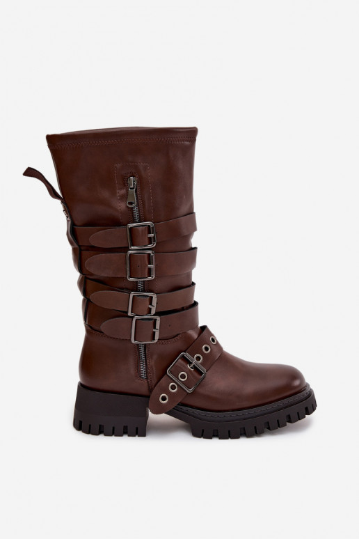 Braune gefütterte Damen-Kniehohe Stiefel mit Riemen und Schnallen „Ivaline" Braune gefütterte Damen-Kniehohe Stiefel mit Riemen und Schnallen „Ivaline"