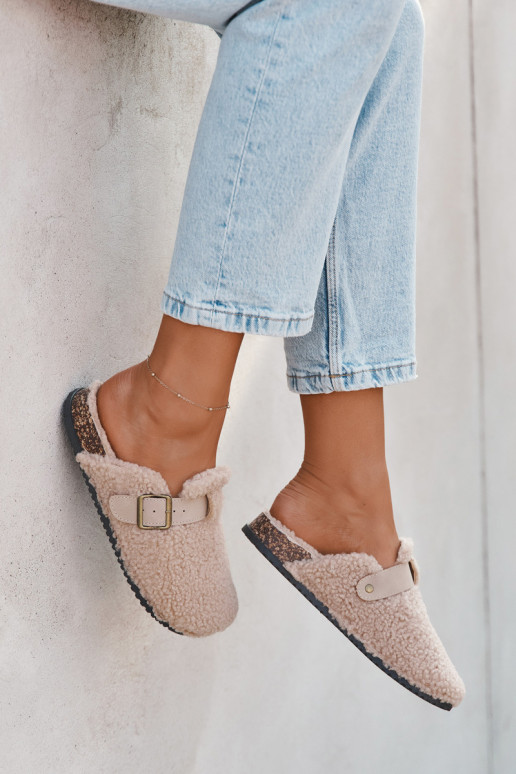 Damenpantoffeln mit Fell "Typu Baranek" in Sandfarbe "Lorivine"