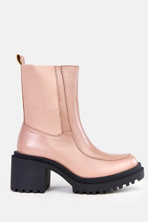 Beżowe botki na słupku z elastyczną...