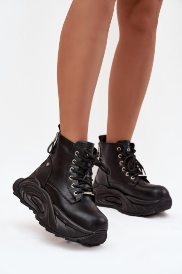 Haut sich Zuarm laufen Damenstiefel mit einer Plattform GOE SS2N4301 schZuarze Farbe
