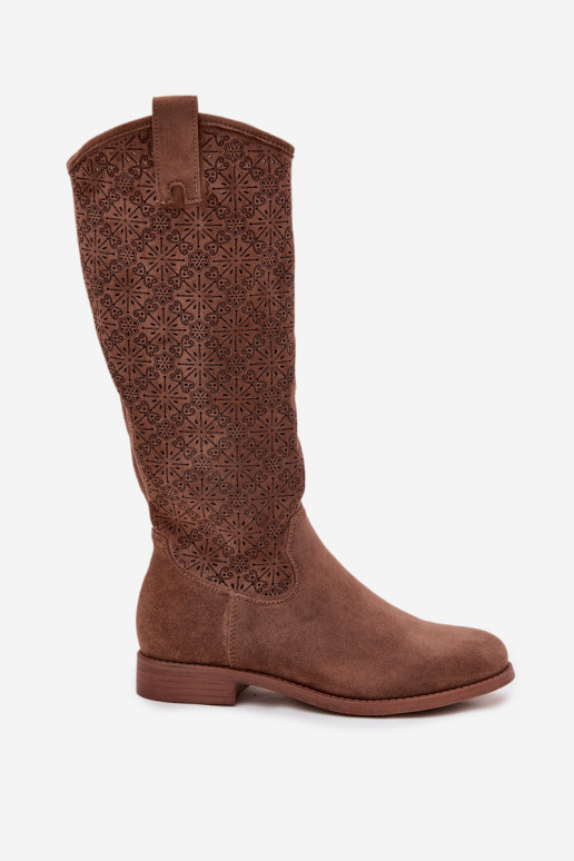 Damenstiefel mit durchbrochenen Elementen mit breiten Absätzen S.Barski HY52-534 braune Farbe