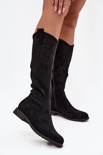 Damenstiefel mit durchbrochenen Elementen mit breiten Absätzen S.Barski HY52-534 schZuarze Farbe