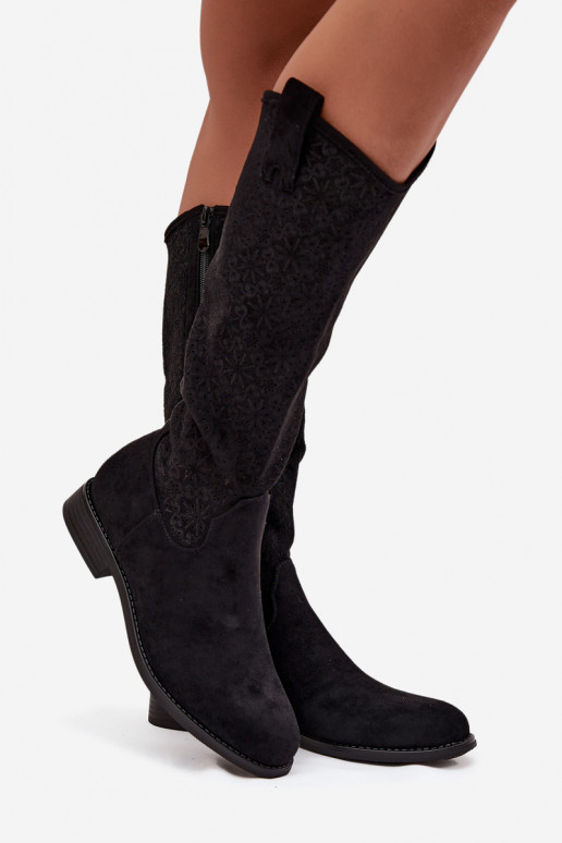 Damenstiefel mit durchbrochenen Elementen mit breiten Absätzen S.Barski HY52-534 schZuarze Farbe