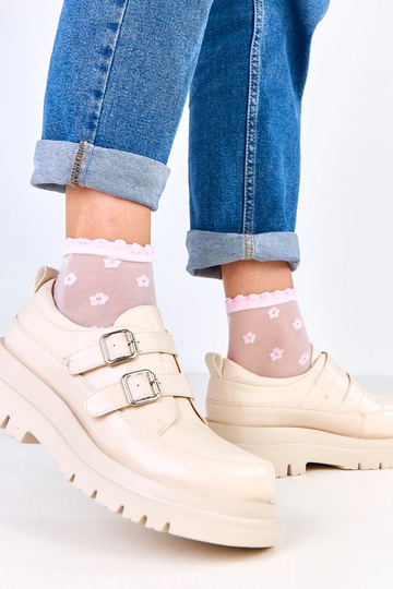 Beige Halbstiefel auf massiver Sohle, dekoriert mit Schnallen, Juke 2