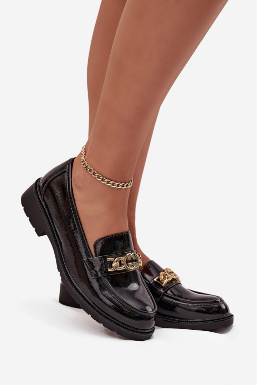 Lackierte Mokassins Feminin mit goldenen Details S.Barski HY52-539 schZuarze Farbe