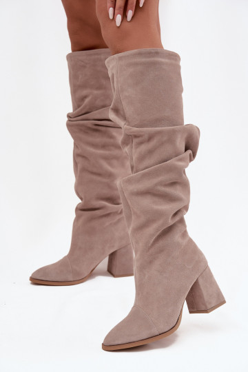 Susiraukšlėję lange Stiefel aus echtem Wildleder mit Absatz gefüttert Zazoo 4228 sandfarben 2