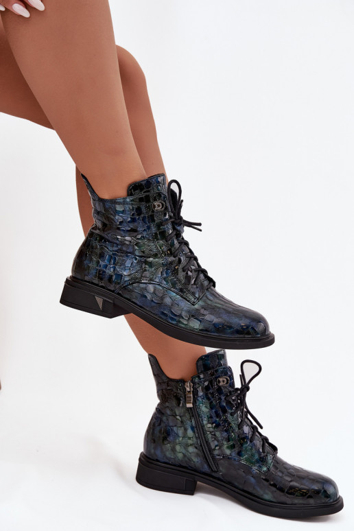 mit Lackeffekt DamenstiefelErmöglichtturalnej Skóry D&A LZ52-962 Dunkelblau