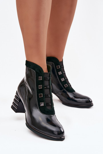 Damen Stiefeletten aus echtem Leder mit Lackeffekt und Absatz D&A CR52-696 chaki