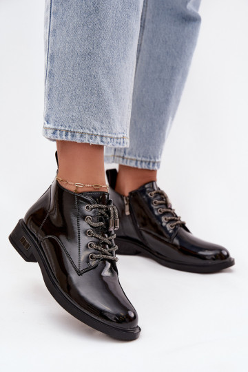Haut mit Lackeffekt Damenstiefel Mit Dekorationen Schnürungm D&A MR52-124 schZuarze Farbe 2
