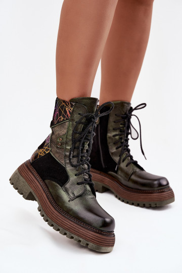 Echte Leder Damen Arbeitsschuhknöchel Stiefel mit Plattform Tai turiciejka 07104-09 khakifarbene Farbe