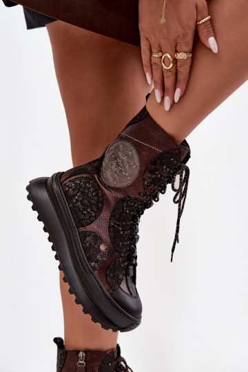 Echte Leder Stiefeletten mit Plattform gefüttert Tai turiciejka 06565-02 braun-goldfarbene Farbe