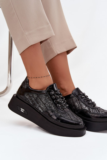 Haut Schnürschuhe Feminin mit einer Plattform Artiker 57C2043 SchZuarz und-Silberfarbe