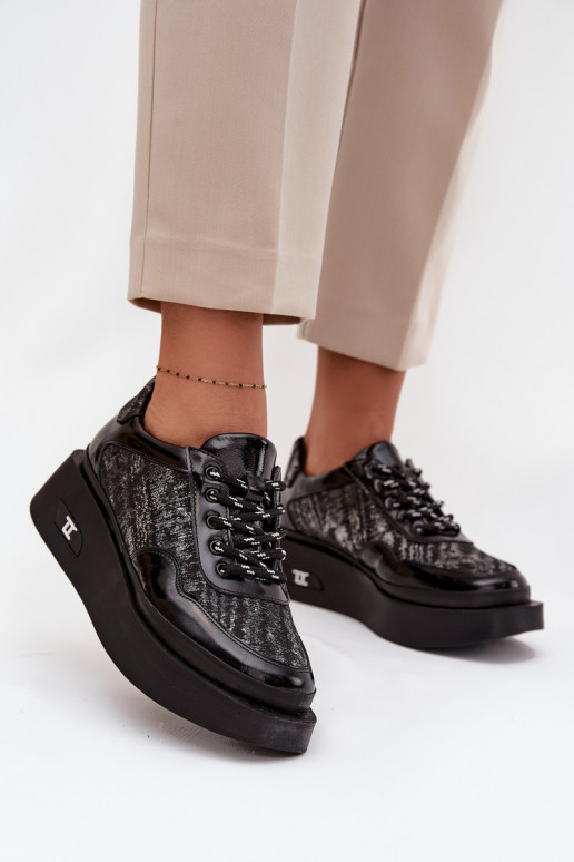 Haut Schnürschuhe Feminin mit einer Plattform Artiker 57C2043 SchZuarz und-Silberfarbe