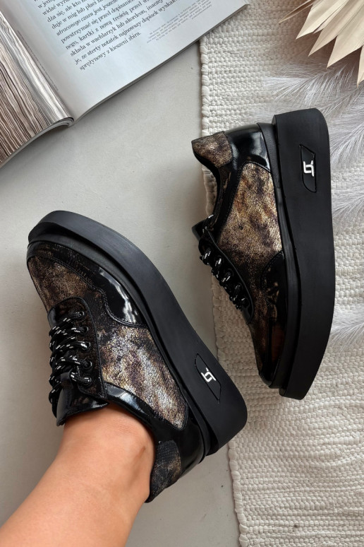 Haut Schnürschuhe Feminin mit einer Plattform Artiker 57C2042 SchZuarz und-goldene Farbe