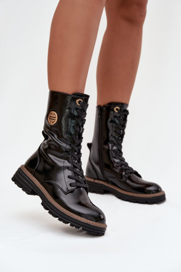 mit Lackeffekt Arbeitsstiefeletten Feminin Ze goldene Farbem Detalem sich Zuarm laufen schZuarze Farbe Dorialine 2