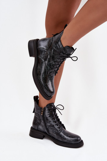 mit Lackeffekt Haut Damenstiefel Klocke D&A LZ52-954 Dunkelblau