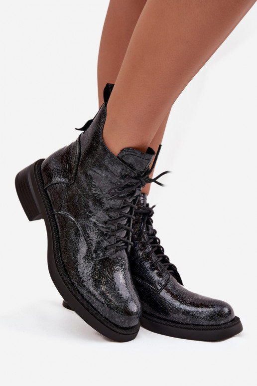 mit Lackeffekt Haut Damenstiefel Klocke D&A LZ52-954 Dunkelblau