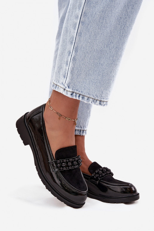 Mokassins für Damen mit Lackeffekt mit Perlen S.Barski HY52-541 schZuarze Farbe