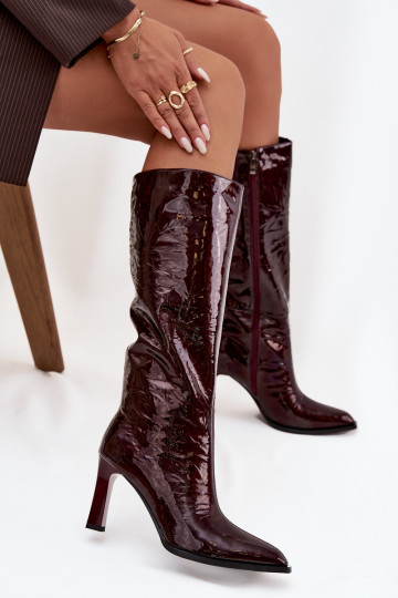D&A CR52-716 bordeauxfarbene gefütterte Lacklederstiefel mit Absatz für Damen