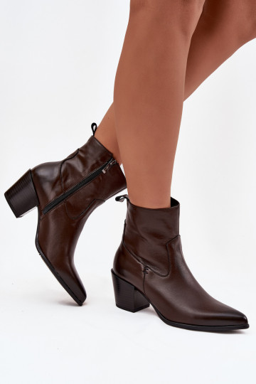 Leder-Cowboy-Stiefeletten für Damen mit Absatz, gefüttert, schokoladenbraun Zazoo 60565