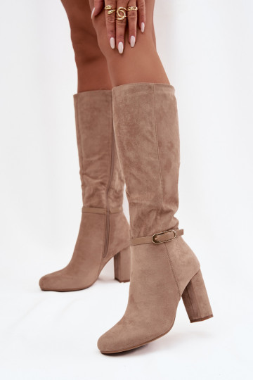 Damenstiefel mit Absätzen mit goldenen Schnallen sich Zuarm laufen Beige Seraphine 2