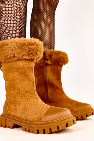 Sandfarbene Stiefeletten mit Kunstwildleder-Schaft und Fell Satisa 2